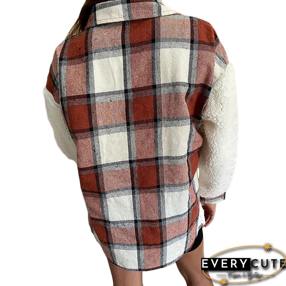 Spliced Brown Plaid Print Lamb Velvet Warm Jacket