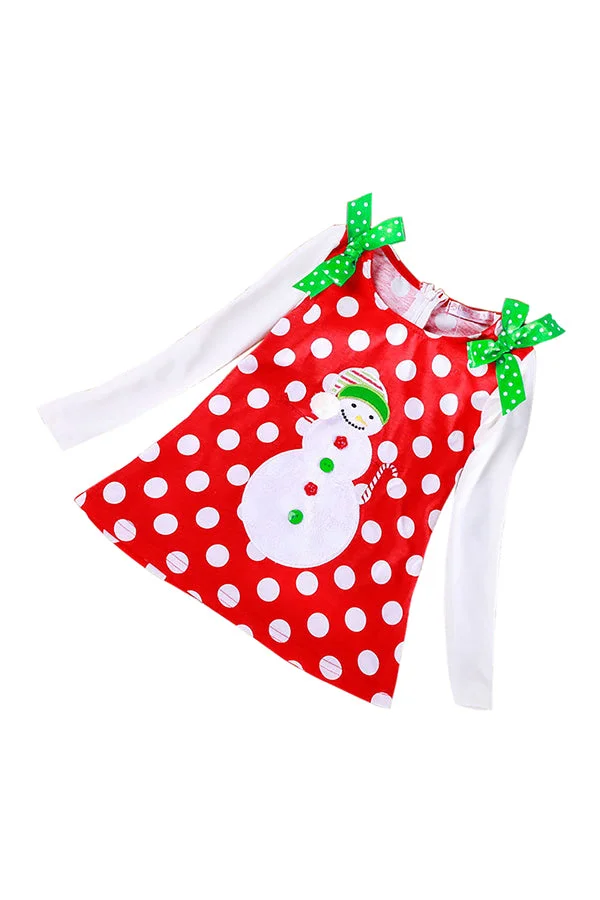 Kids Girls Long Sleeve Polka Dot Christmas Santa Snowman Dress White-elleschic