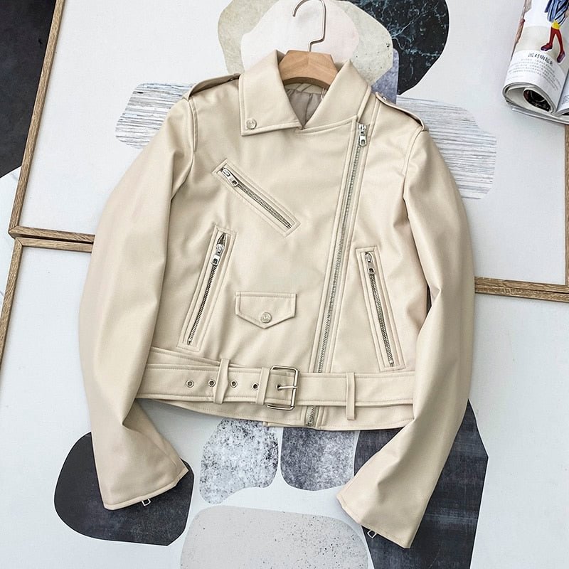 Ailegogo New Autumn Women Black Pu Faux Leather Jacket Streetwear Moto Biker Slim Fit Turn Down Collar Coat Outwear with Belt
