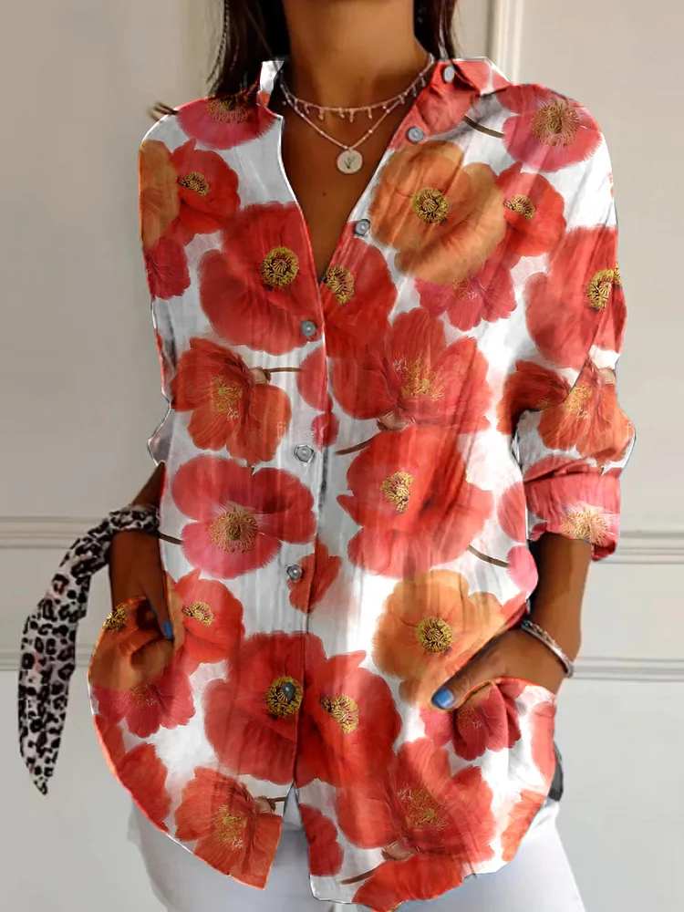 WomenArt Poppy Flowers Cotton And Linen Shirt