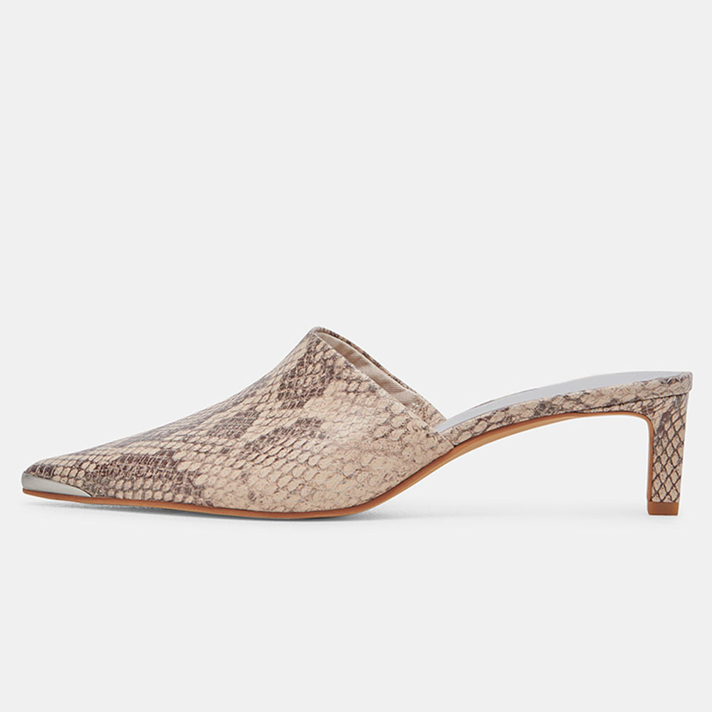 Gray Snakeskin Print Pointed Toe Kitten Heel Slip-On Mules Nicepairs