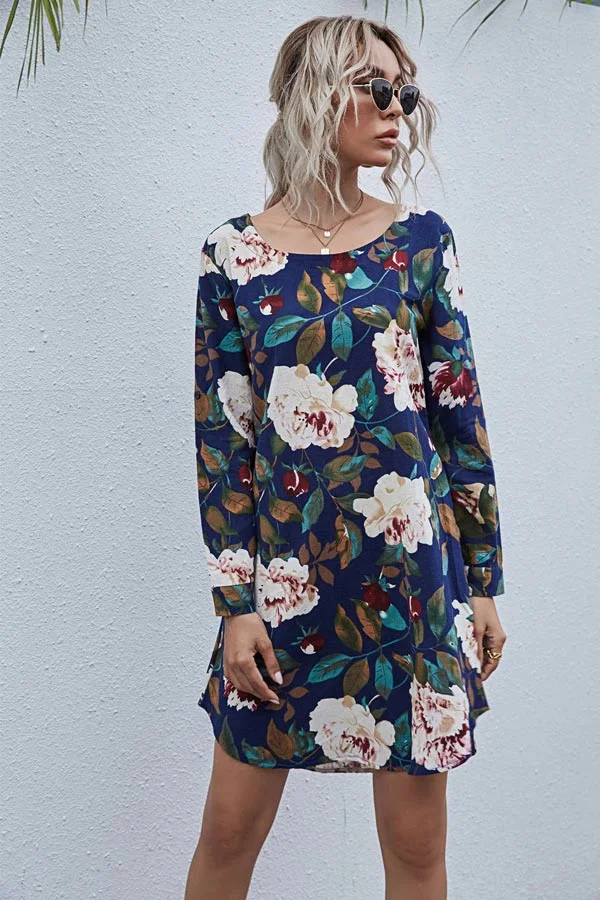 Fashion Round Neck Floral Print Shirt Dress