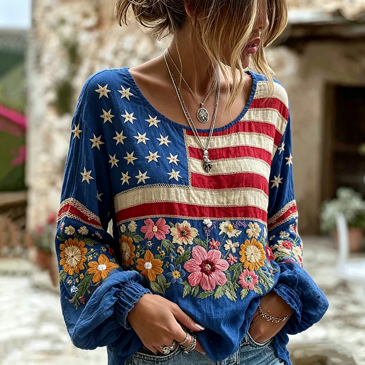 Women's Independence Day Flag & Floral Pattern Casual Long-sleeve T-shirt