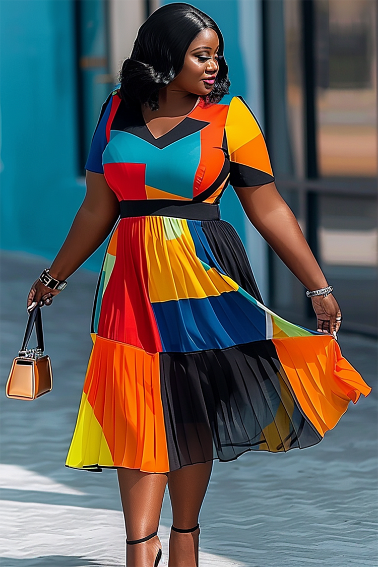 Xpluswear Design Plus Size Vacation Multicolor Colorblock V Neck Short Sleeve Pleated Chiffon Midi Dresses [Pre-Order]