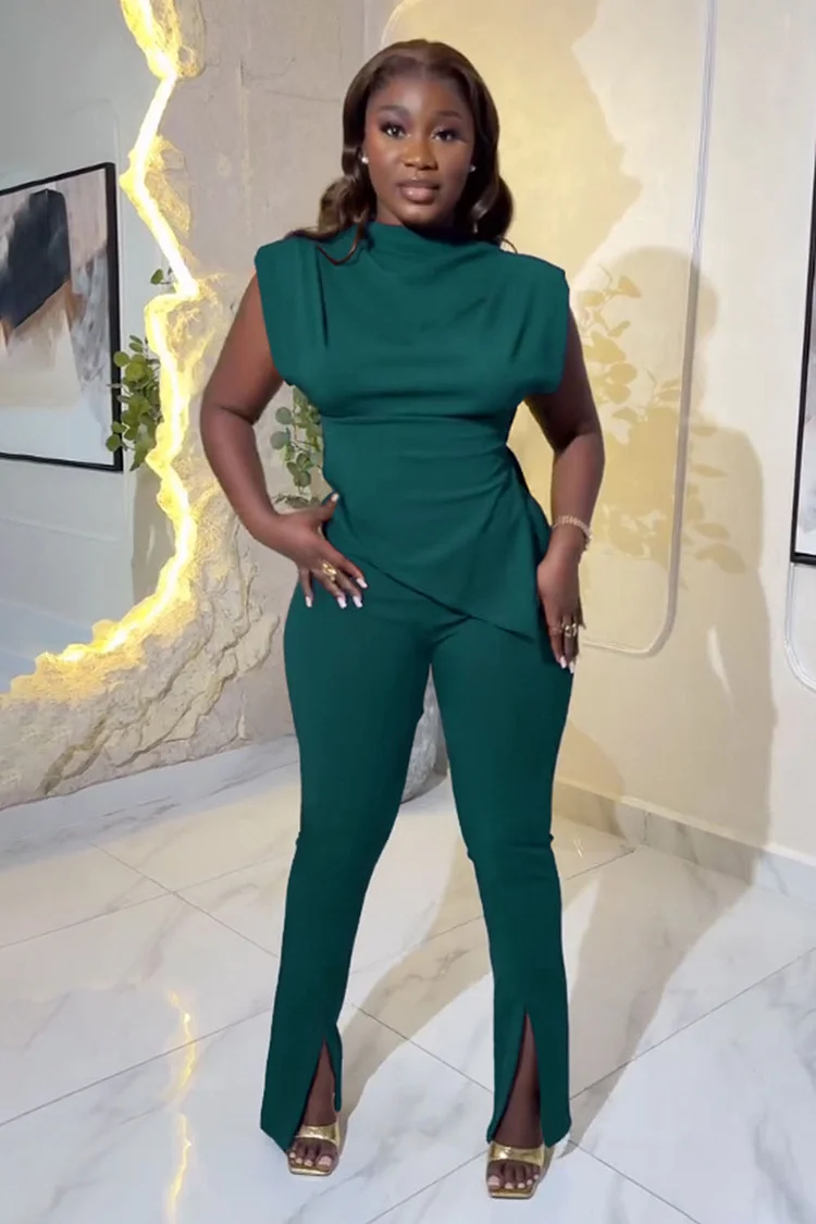 Asymmetric Sleeveless Top Slit Leggings Pants 2pcs Set-Green [Pre Order]