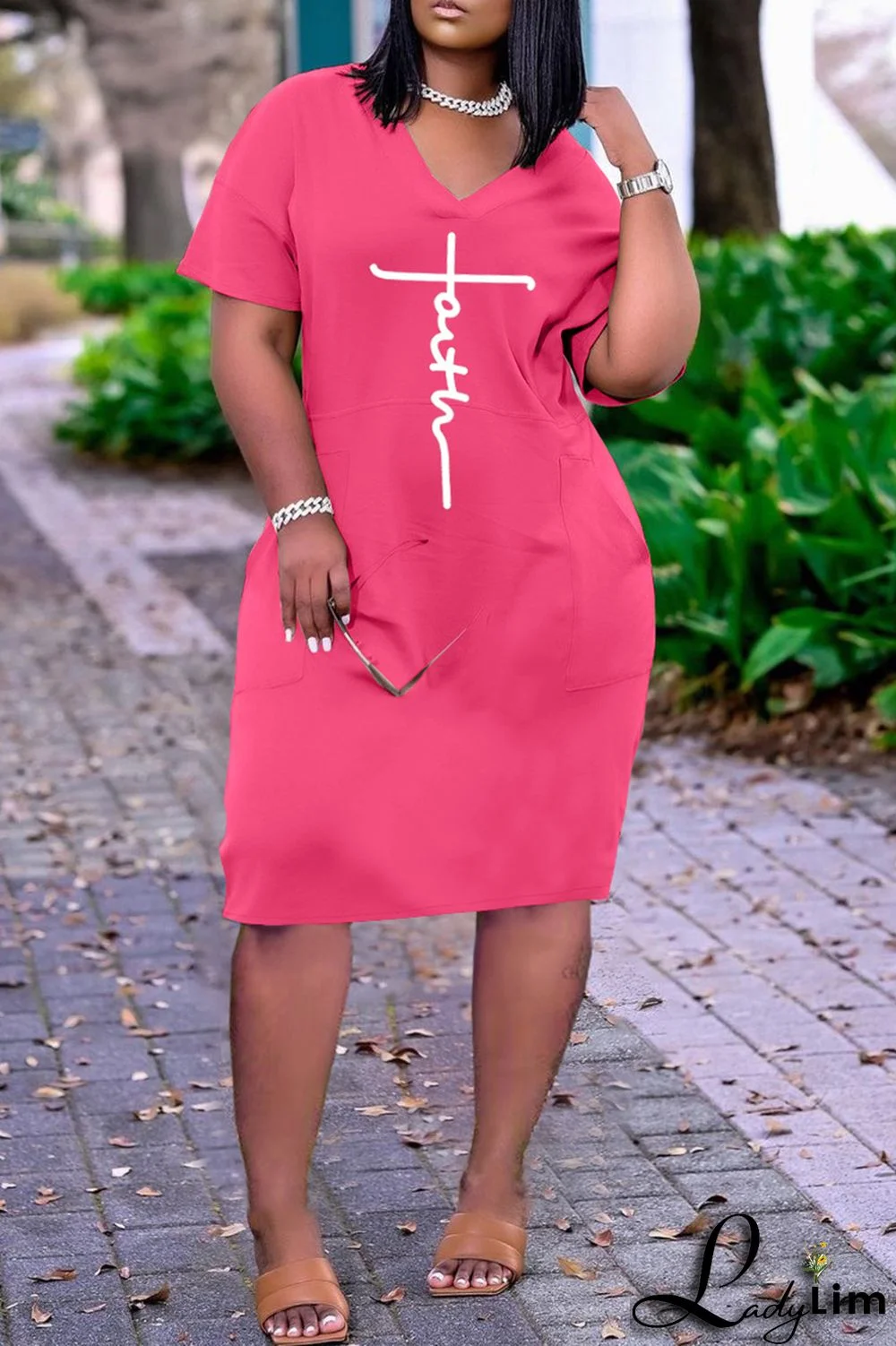 Red Fashion Casual Print Basic V Neck Short Sleeve Dress