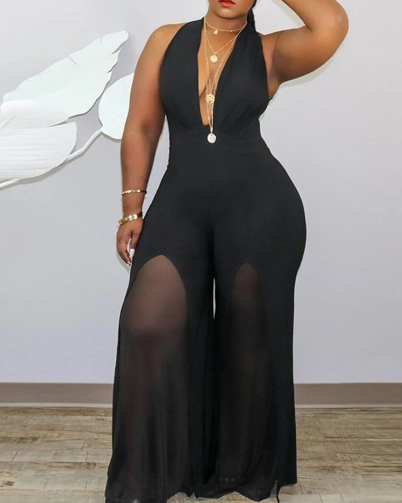 Plus Size Sleeveless Sheer Mesh Plunge Jumpsuit
