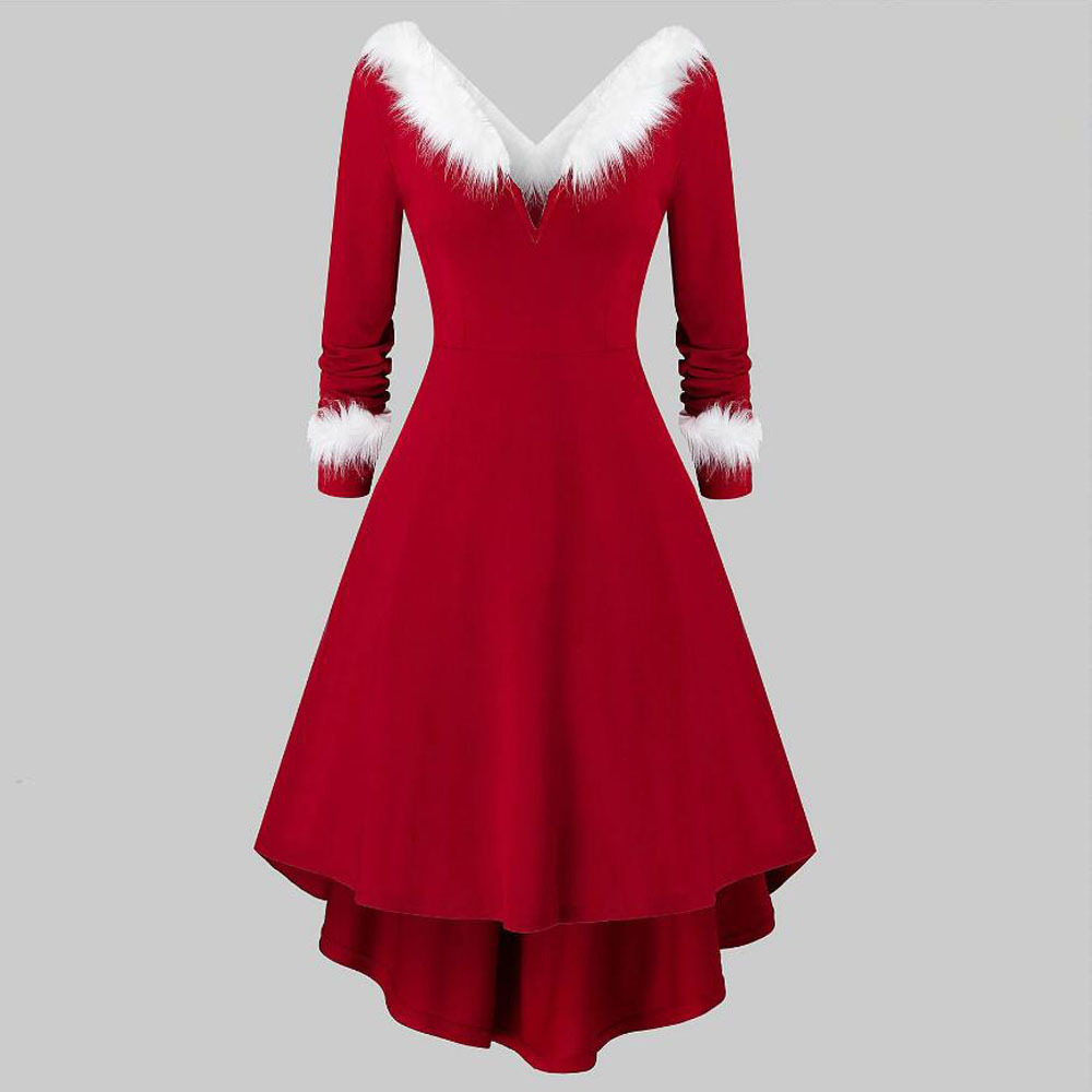 Women's Christmas Long-sleeved Plush High-low Deep V Swing Dress