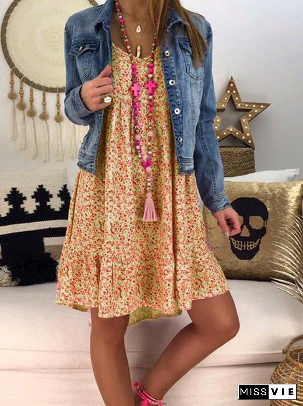 Red Floral Casual Short Sleeve Ruffled Weaving Dress