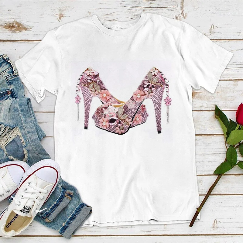 Popular Luxury Blue Crystal Heels Fashion Print T-shirt Women's New Summer Women's T Shirt  Hip Hop Punk Italy rt,Drop Ship