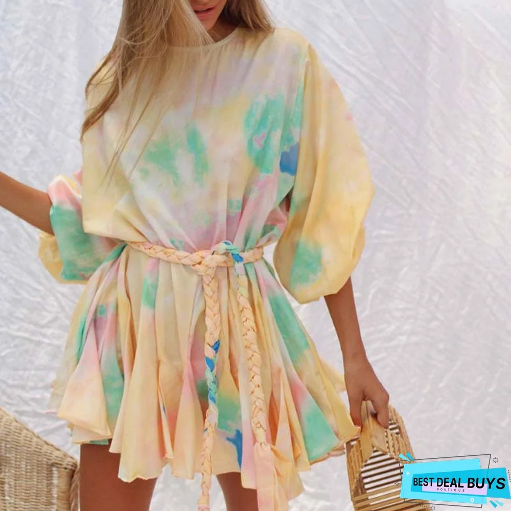 Hand-Woven Belt Lantern Sleeve Printed Dress
