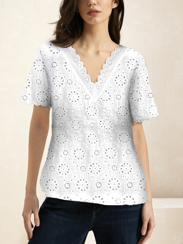 Women's Casual Cotton Plain V Neck Short Sleeve Lace Loose T-shirt socialshop
