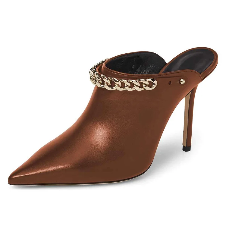 Brown Pointed Toe Stiletto Heel Mules Shoes with Chains |FSJ Shoes