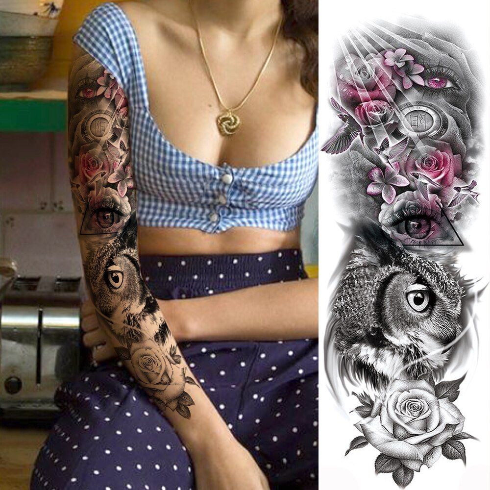 Gingf Eagle Rose Owl Temporary Tattoos For Men Women Body Art Full Arm Sleeve Evil Eye Tatoo Water Trasnfer Fake Tattoo Sticker