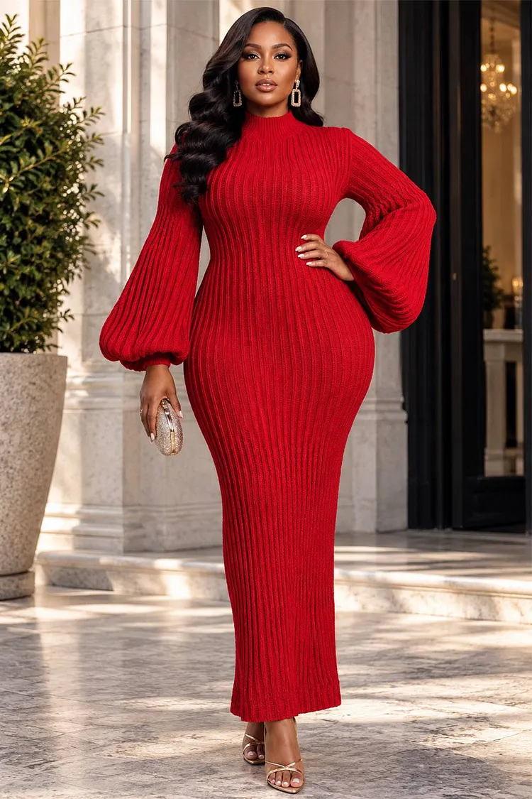 Xpluswear Design Plus Size Daily Red Round Neck Lantern Sleeve Long Sleeve Bodycon Rib Knit Maxi Dresses [Pre-Order] 2024 - Xpluswear