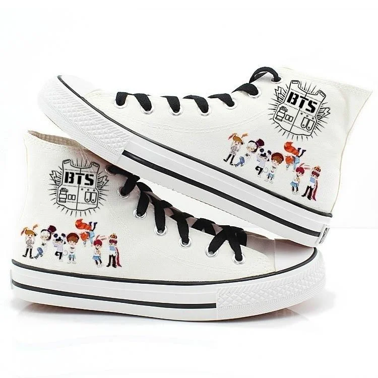 BTS Printed Round Toe Drawstring High-top Casual Canvas Flat Shoes