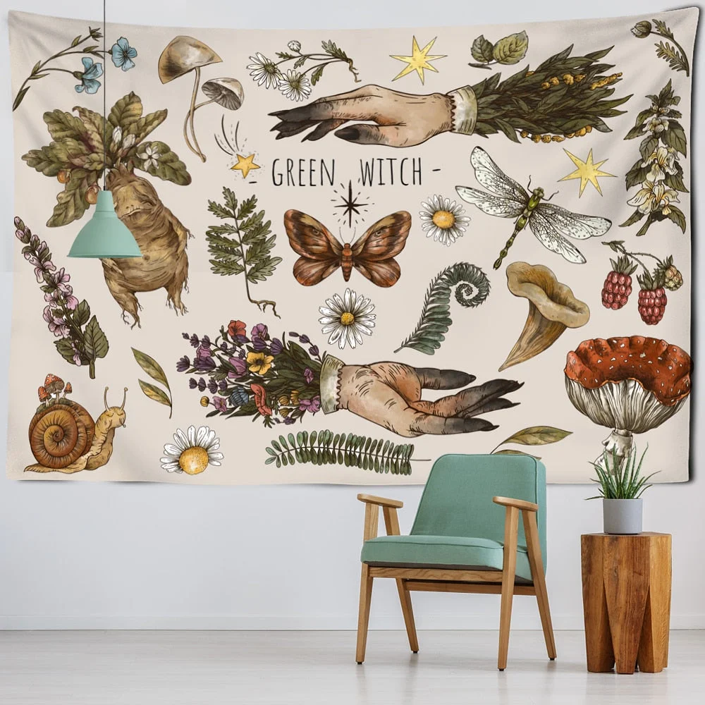 Skull Head Plant Illustration Tapestry Wall Hanging Psychedelic Witchcraft Aesthetics Room Tapiz Hippie Home Decor