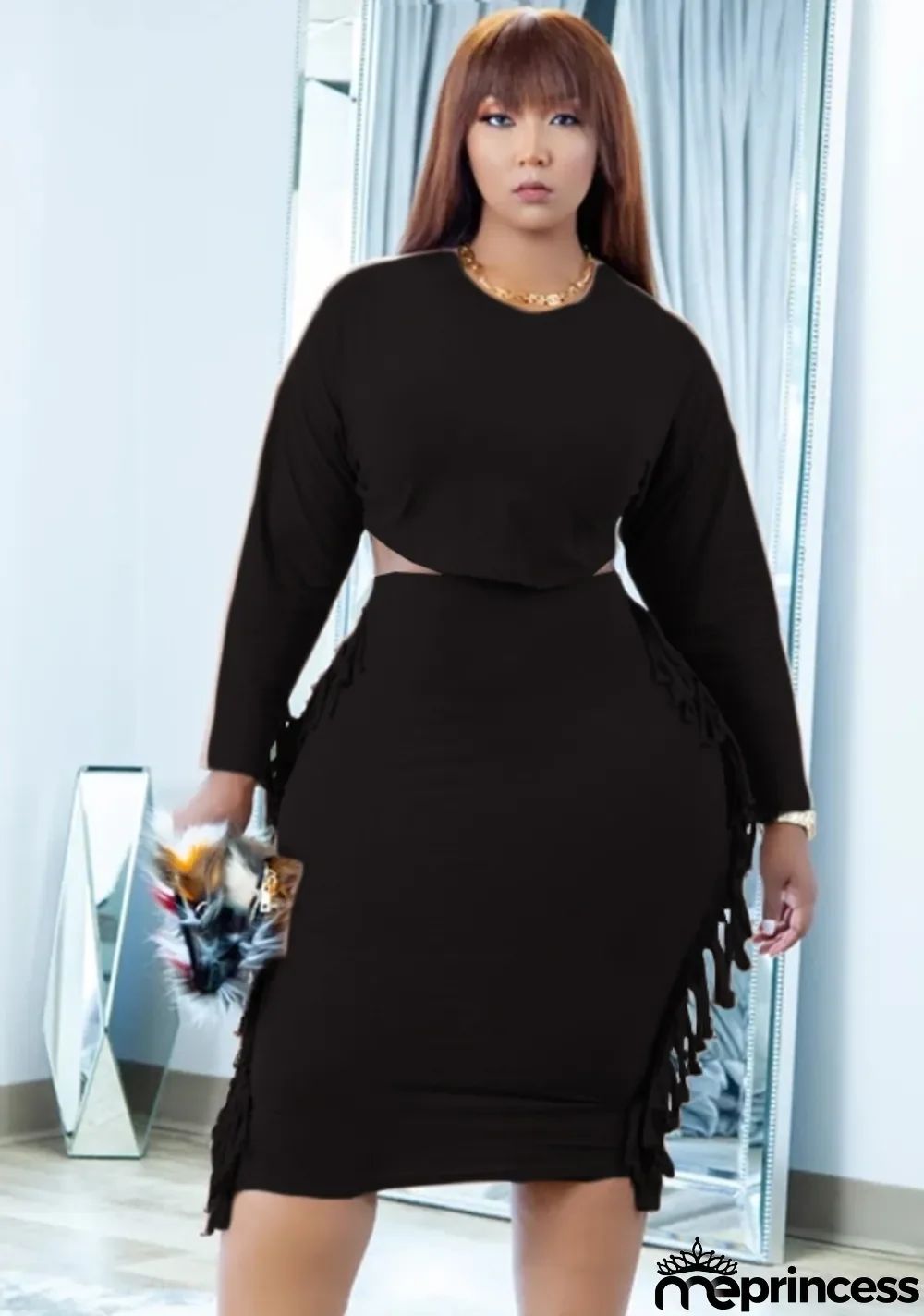 Winter Plus Size Casual Black Round Neck Long Sleeve Crop Top And Tassel Skirt Two Piece Set