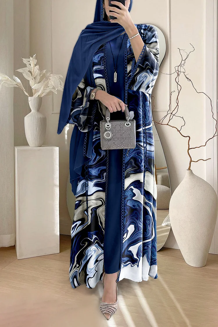 Hollow Out Trim Abstract Print Abaya Maxi Dresses Three Piece Set [Pre Order]