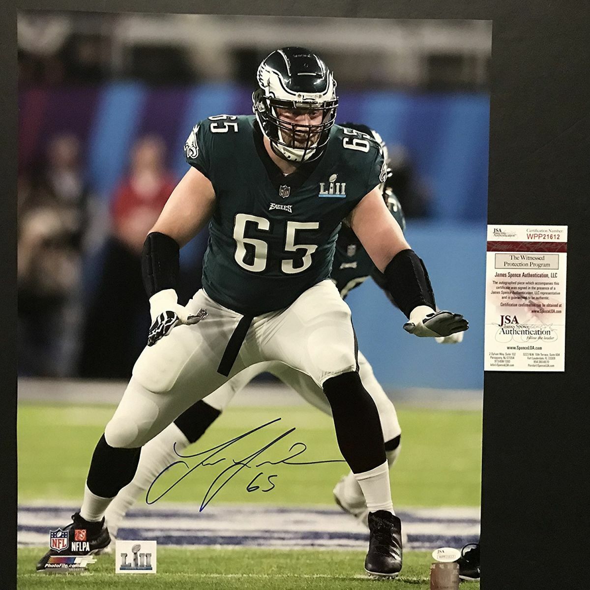 Autographed/Signed LANE JOHNSON Philadelphia Eagles SB 52 16x20 Photo Poster painting JSA COA