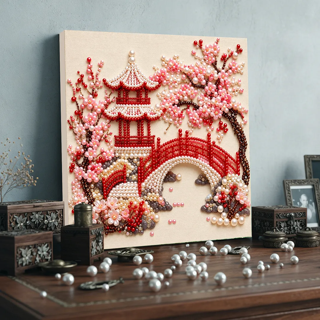 Framed Pearl Painting Kit Floral Pagoda Wall Art 7.87x7.87in