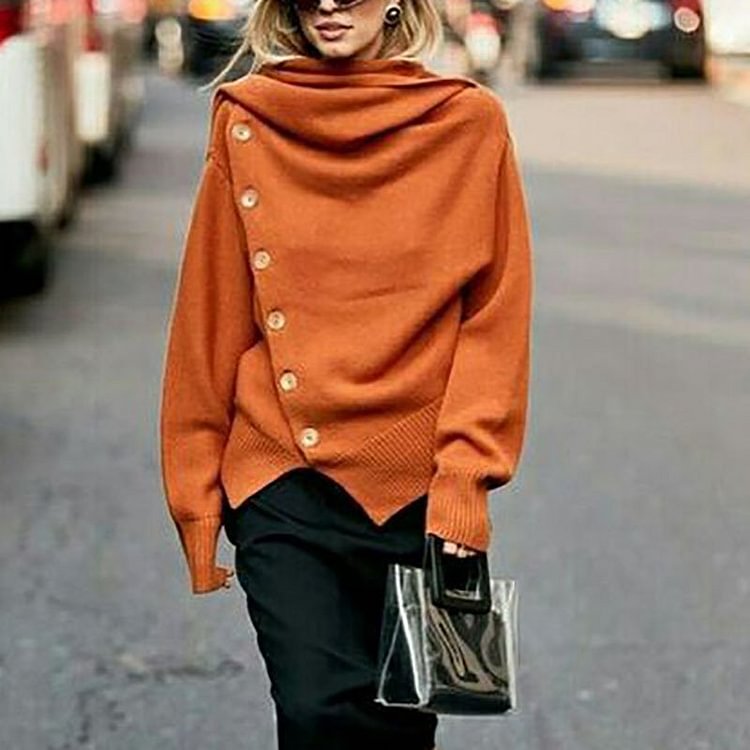 High Collar Single Breasted Solid Color Sweater Women