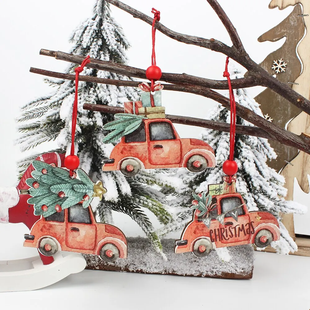 HUADODO 3Pcs Vintage Christmas Truck with tree Ornaments Wooden Christmas decoration for Xmas tree Ornament Party Kids gift