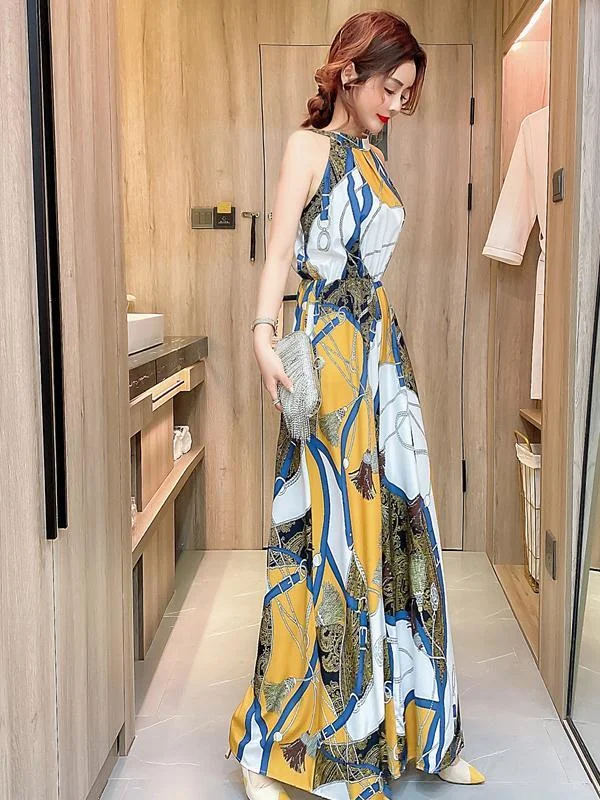 Fashion hanging neck strapless sleeveless long wide leg pants