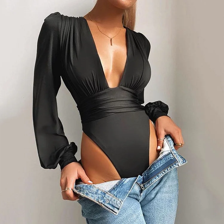 Deep V Neck Women Puff Sleeve Bodycon Jumpsuit Solid Elastic Bodysuits Body Tops