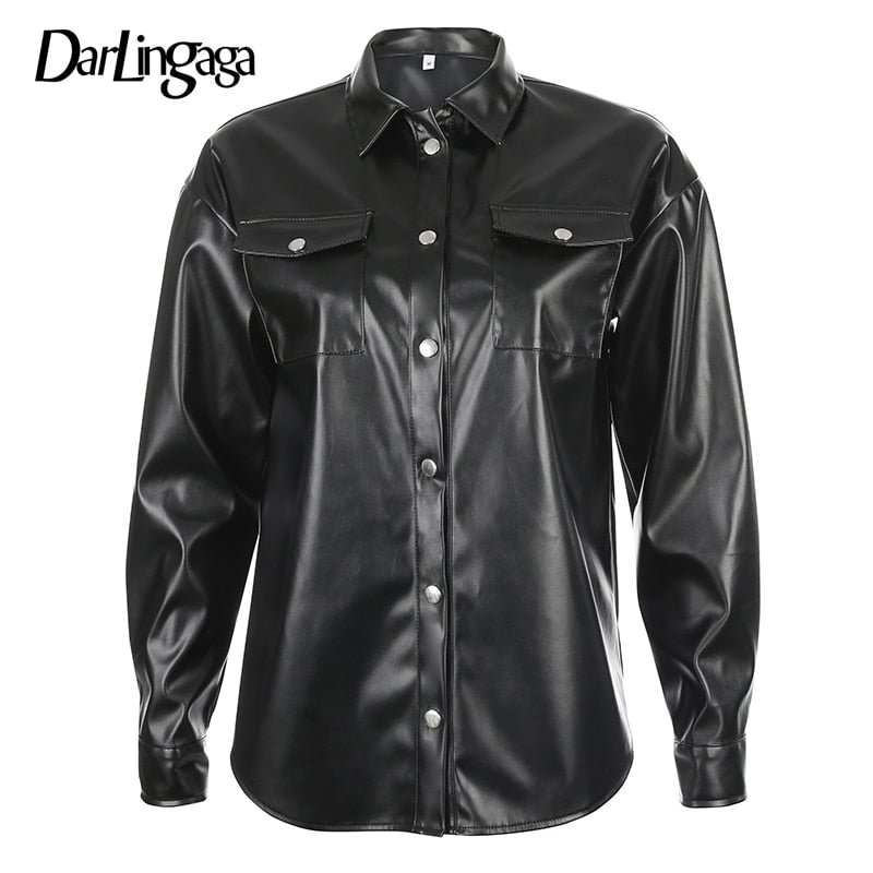 Darlingaga Streetwear Black PU Leather Blouse Women Cardigan Buttons Fashion Women's Shirt Top Long Sleeve Solid Leather Blouses