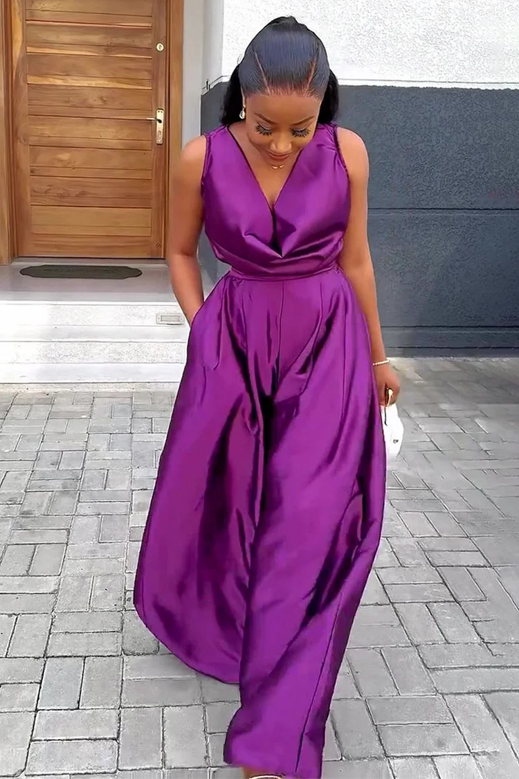 Cowl Neck Sleeveless Top Wide Leg Pants Solid 2pcs Set-Purple [Pre Order]