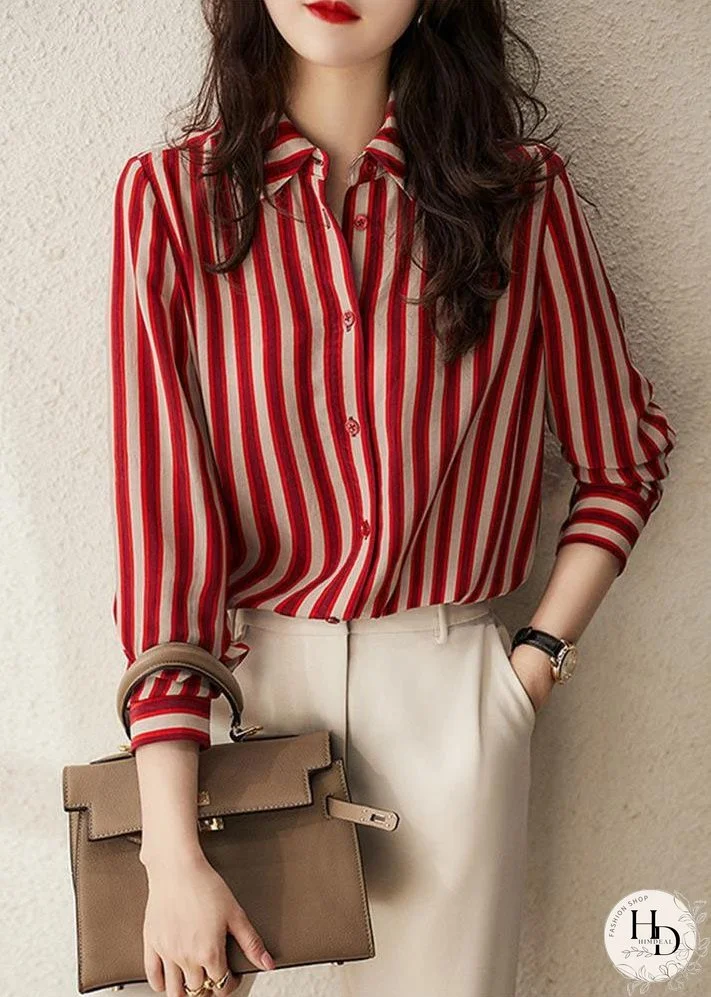 Simple Red Peter Pan Collar Striped Patchwork Chiffon Shirt Long Sleeve
