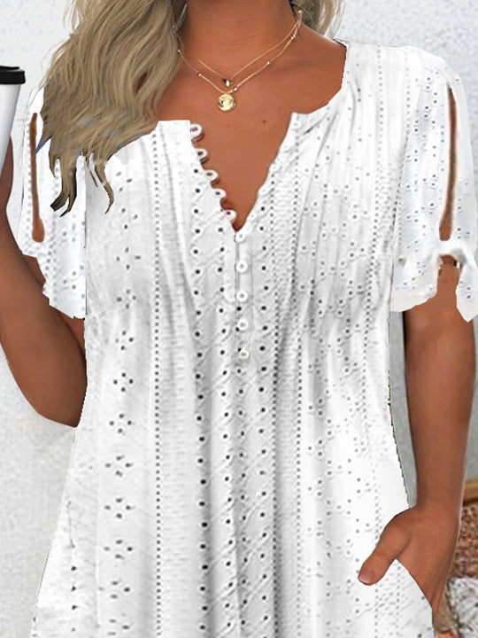 Women's Short Sleeve V-neck Solid Color Lace-up Buttons Tops