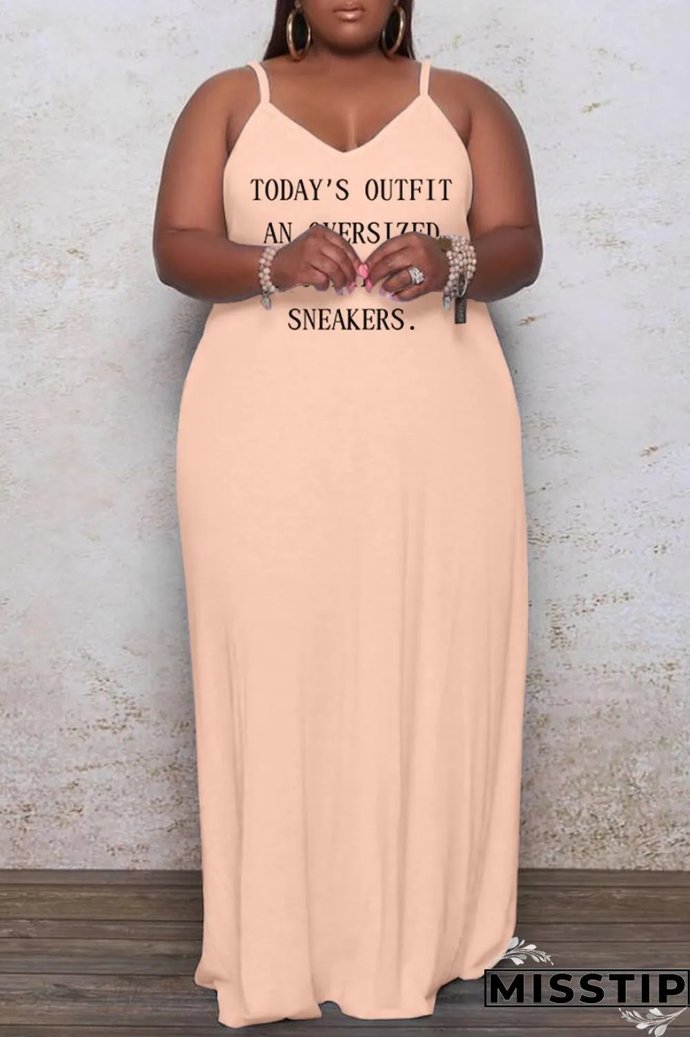 Brown Sexy Casual Letter Print Solid Backless Spaghetti Strap Long Dress Plus Size Dresses