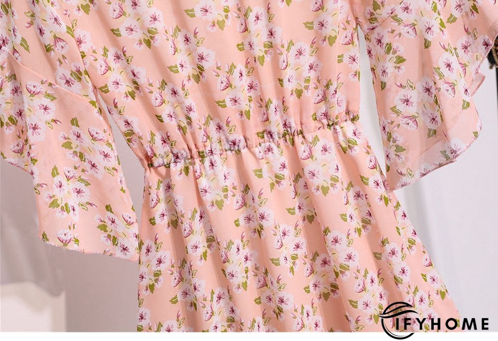 Spring Summer Chiffon Women V-Neck Floral Print Short Dresses Sweet Ruffle Sleeeve Slim Drawstring Ladies Dress | IFYHOME