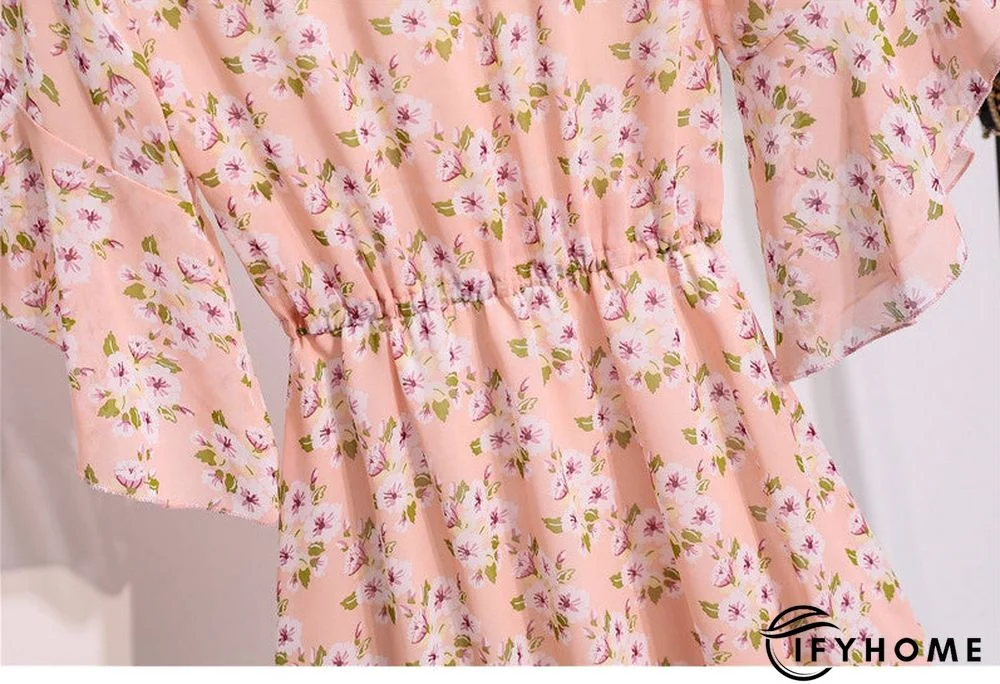 Spring Summer Chiffon Women V-Neck Floral Print Short Dresses Sweet Ruffle Sleeeve Slim Drawstring Ladies Dress | IFYHOME