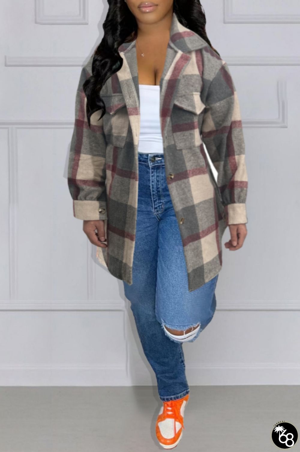 Dark Gray Casual Plaid Patchwork Shirt Collar Tops | 168DEAL