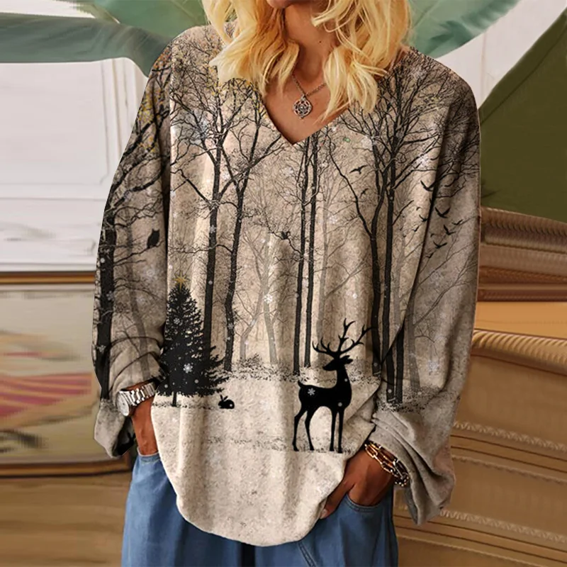 Christmas Tree And Deer Printed Casual Long-Sleeved T-shirt