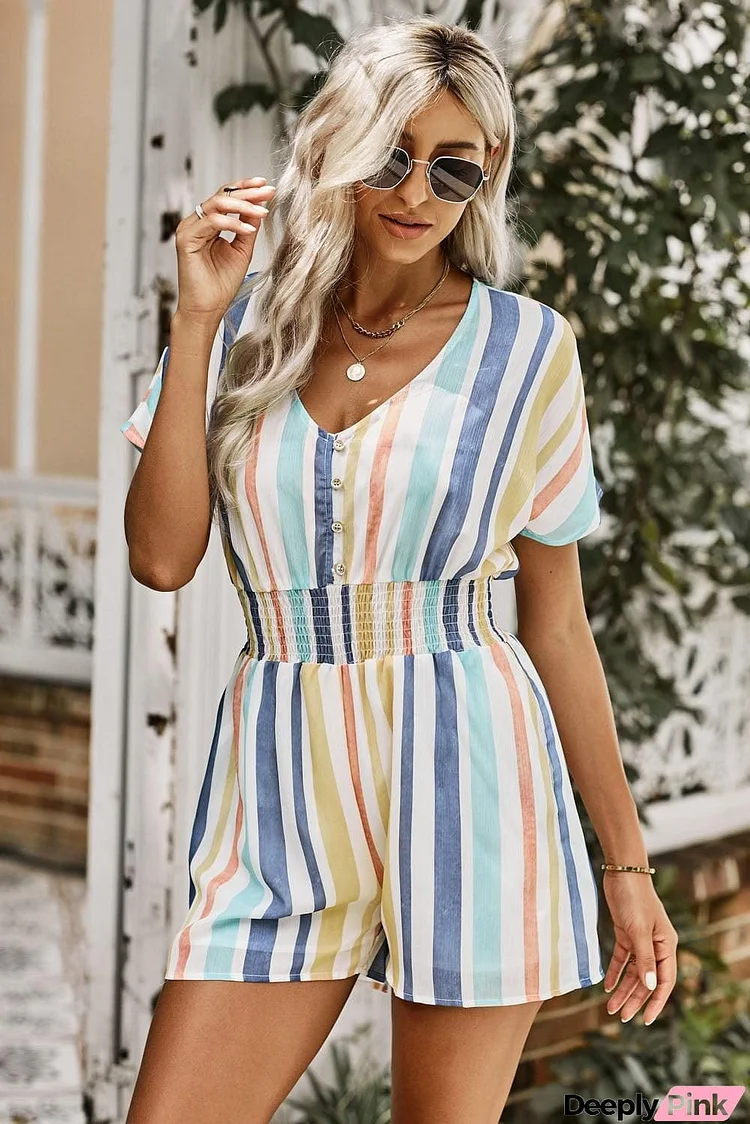 Multicolored Stripe V-Neck Smocked Waist Romper