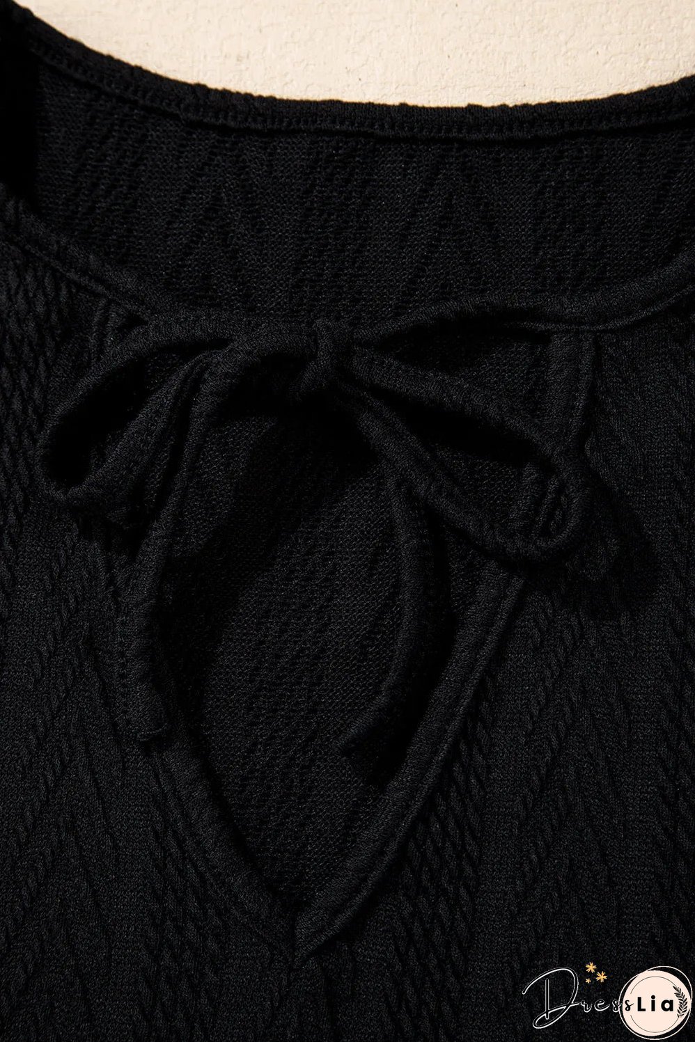 Black Floral Patchwork Textured Knit Drawstring V Neck Blouse