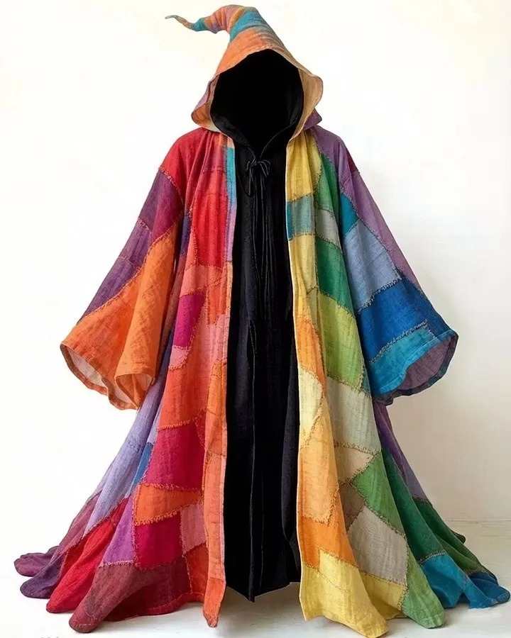 Men's Fashion Rainbow-Colored Linen Hooded Cape 3351