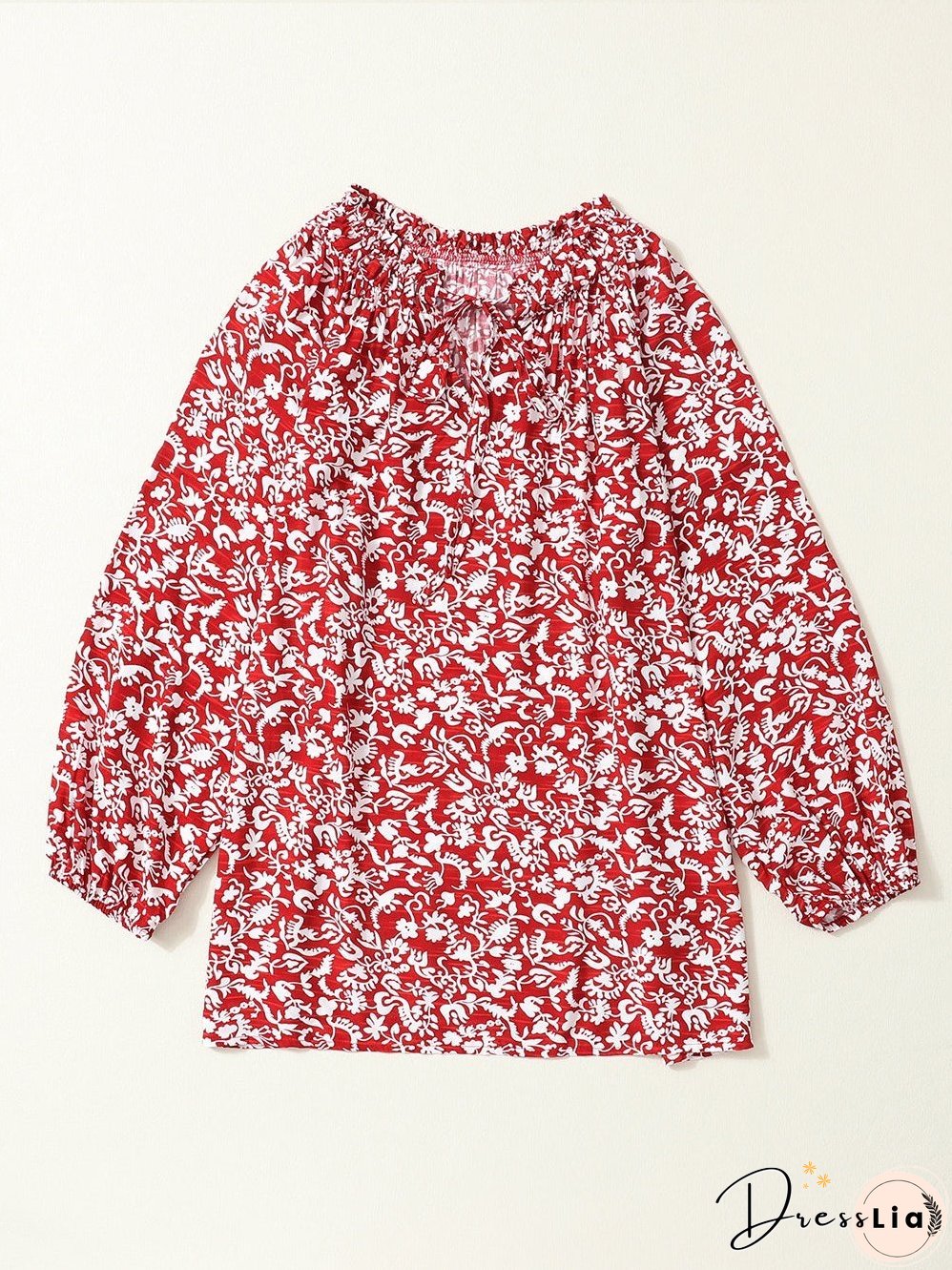 Burgundy Flower Print Neck Tie Blouse