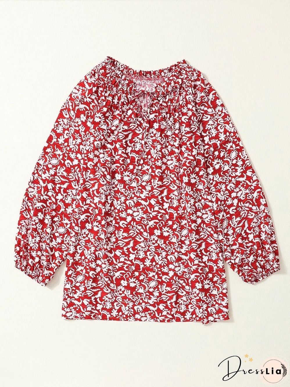 Burgundy Flower Print Neck Tie Blouse