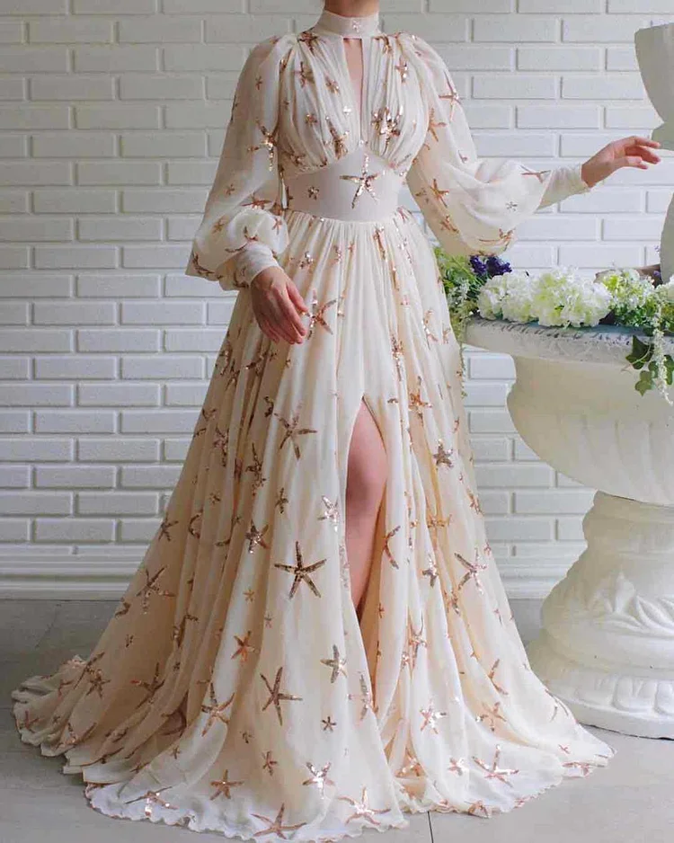 Lantern Sleeve Sparkling Sequins Graceful Turtleneck Lantern Dresses