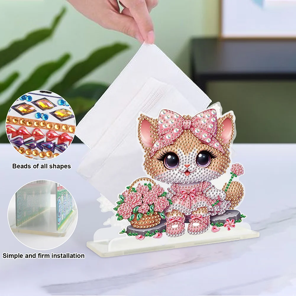 DIY Cat Diamond Painting Acrylic Napkin Rack Decor for Home Office Decor