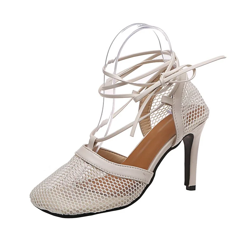 2022 Summer Women High Heels Pumps Sandals Square Toe Ankle Strap Gladiator Sandles Woman Sexy Yellow Mesh Hollow Dress Shoes