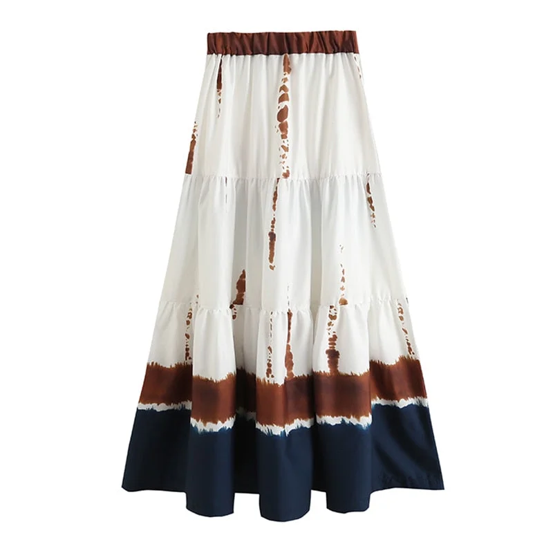 Aachoae Women 2 Piece Set Elegant Tie Dye Printed Batwing Long Sleeve Turn Down Shirts Tops With High Waist A Line Midi Skirts