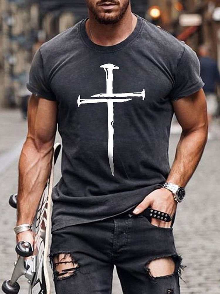 Men's Cross Print Crew Neck Casual T-shirt