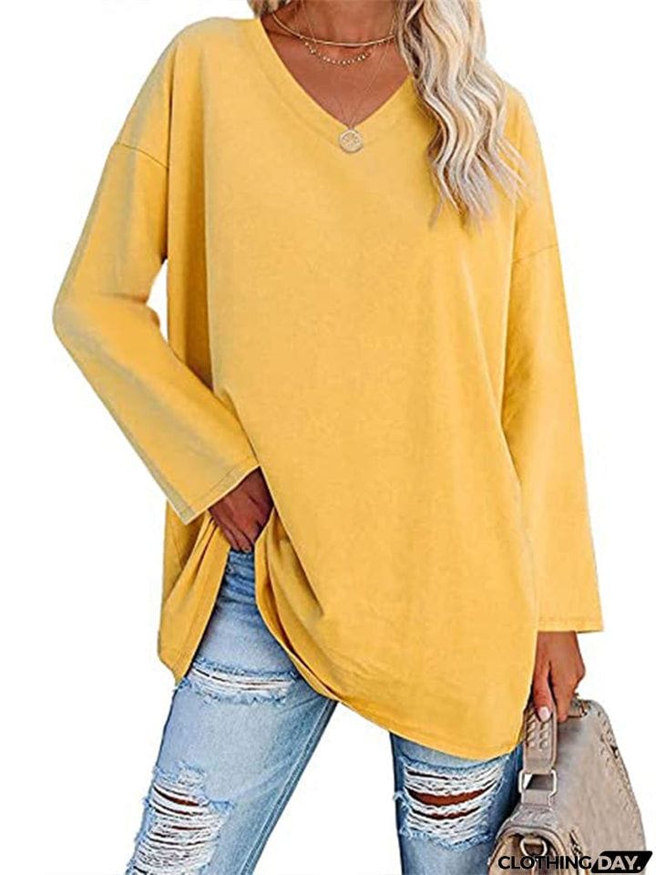 Women's V Neck Long Sleeve Cozy Loose Cotton Tops