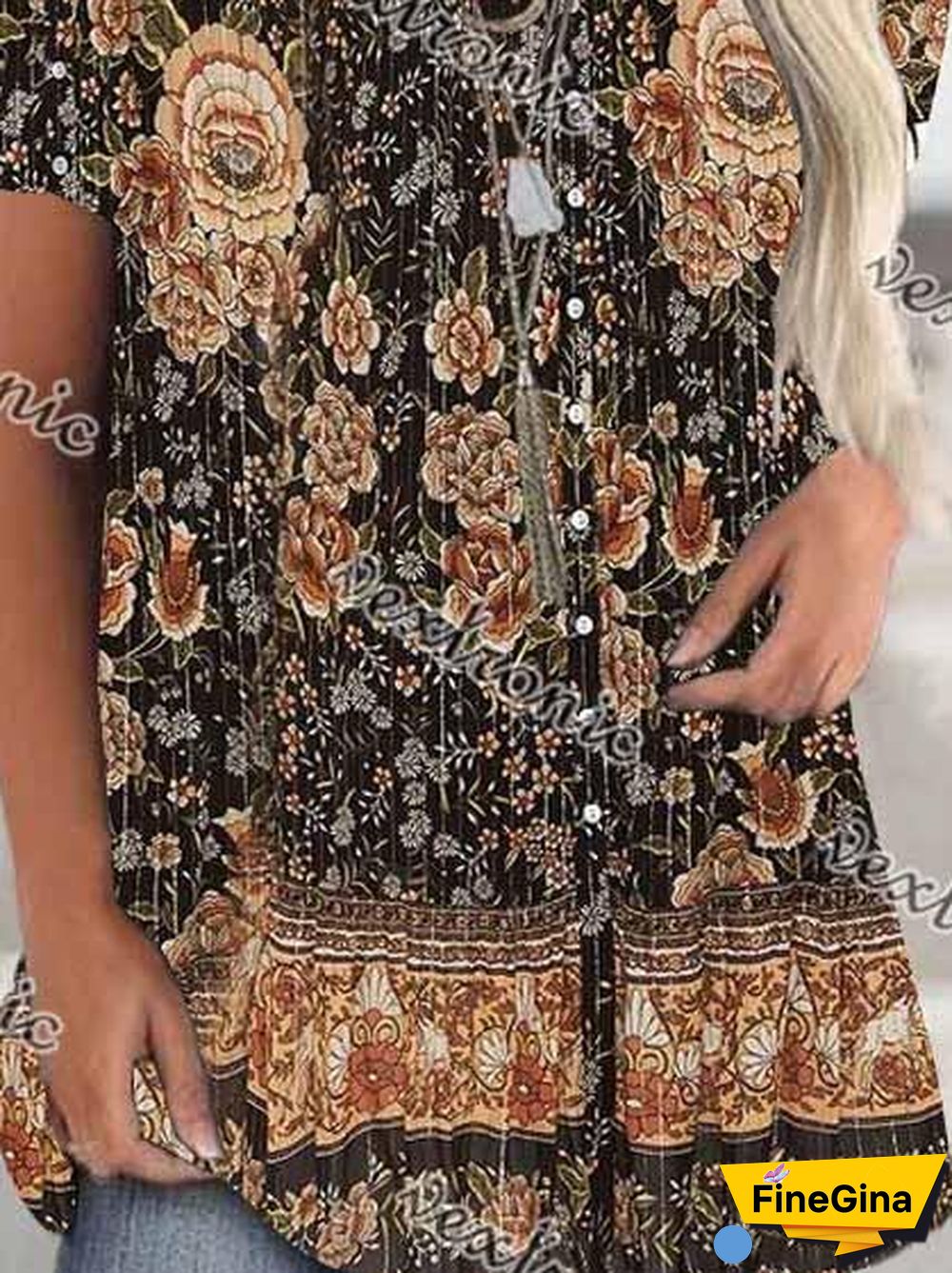 Women Short Sleeve Scoop Neck Floral Printed Stitching Top